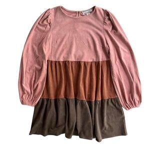 Flying Tomato Women’s S Westwood Colorblock Faux Suede Long Sl Tiered Mini Dress